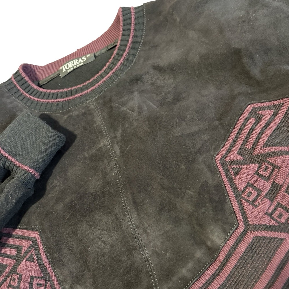 Vintage Torras Suede‎ Wool Sweater Mens 42 Black Burgundy Geometric Spain Luxury